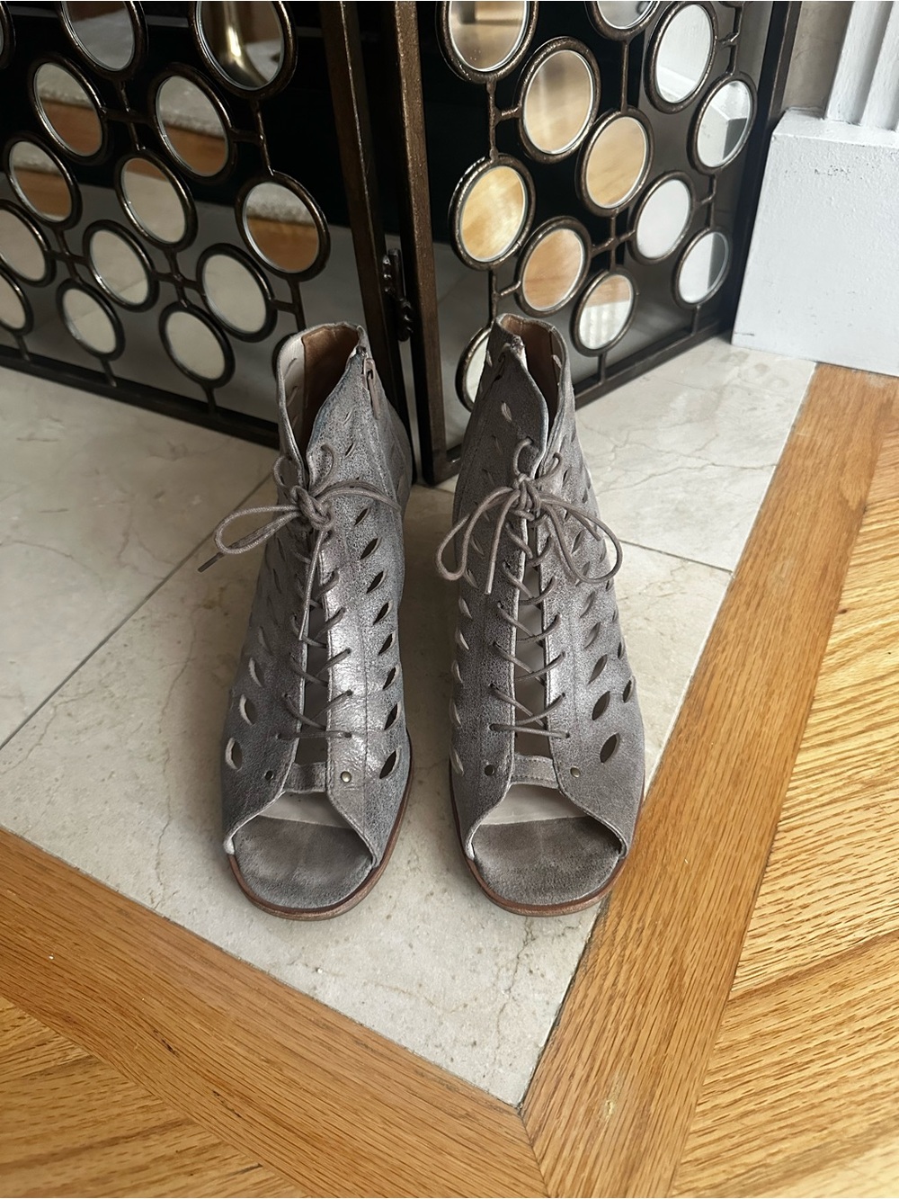 Paul Green Bali Women's Lace-Up Peep Toe Cutout Booties - Gray- Metallic